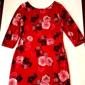 Red Matte Jersey Lined Dress White House Black Market, Size S, Red & White Roses